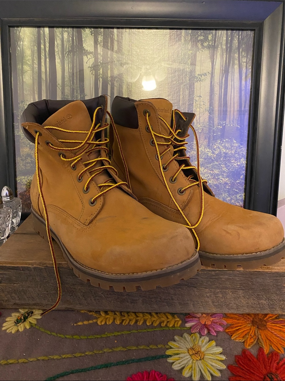 Timberland Wheat Tan Leather Work Boots with Yellow Laces, solid structure.